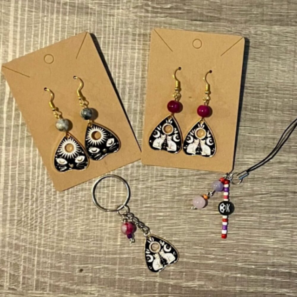 Halloween Earrings, Keychain, Phone Charm Set - Planchette, Ouija, Cat